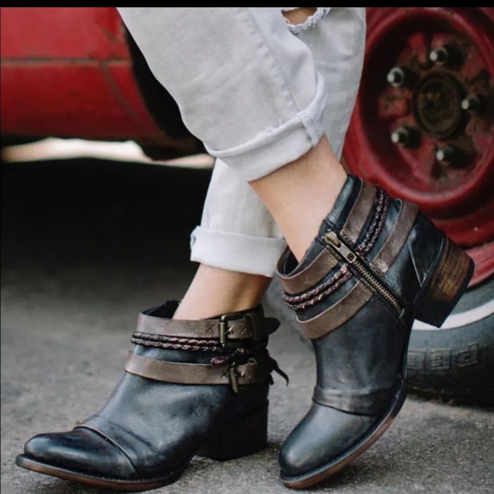 FreeBird by Steven simba 9 black brown leather booties ankle boots rope country